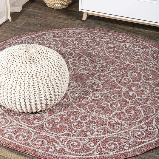 JONATHAN Y Vintage Filigree Indoor Outdoor Round Area Rug 6 Ft Red/Beige, Charleston Textured Weave for Backyard, Patio, Porch, Easy-Cleaning, High Traffic, Pet-Friendly, Non-Shedding (SMB106B-6R)