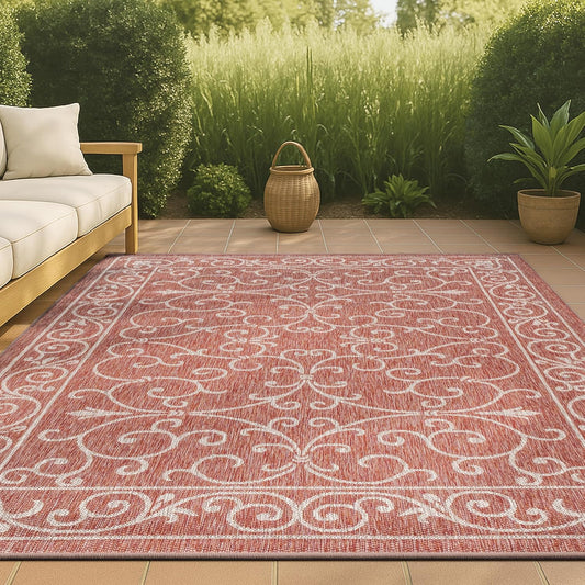 JONATHAN Y Vintage Filigree Indoor Outdoor Area Rug 6X9 Red/Beige, Charleston Textured Weave for Backyard, Patio, Porch, Easy-Cleaning, High Traffic, Pet-Friendly, Non-Shedding (SMB106B-6)