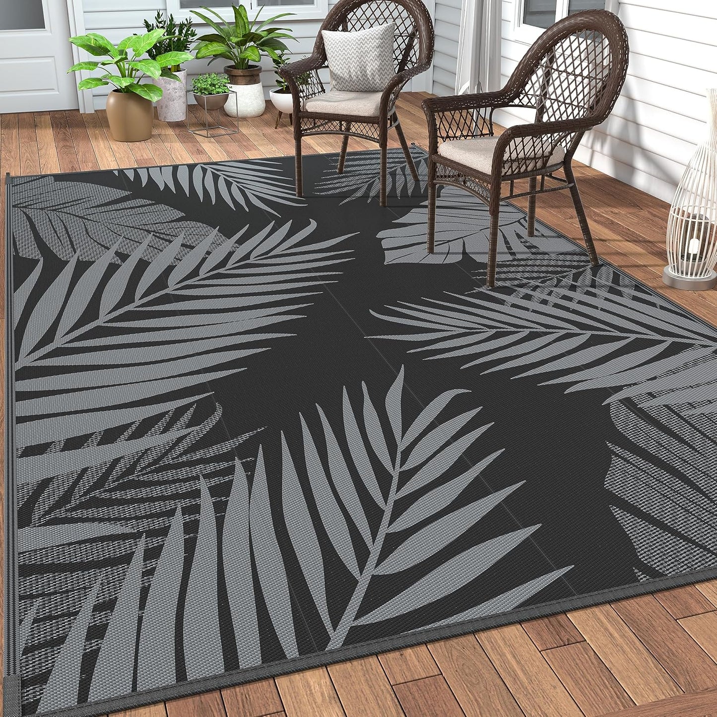 GENIMO Outdoor Rug 5' x 8' Waterproof for Patios Clearance, Reversible Outdoor Plastic Straw Camping Rug Carpet, Large Area Rugs Mats for RV, Picnic, Backyard, Deck, Balcony, Porch, Beach, Black&Grey