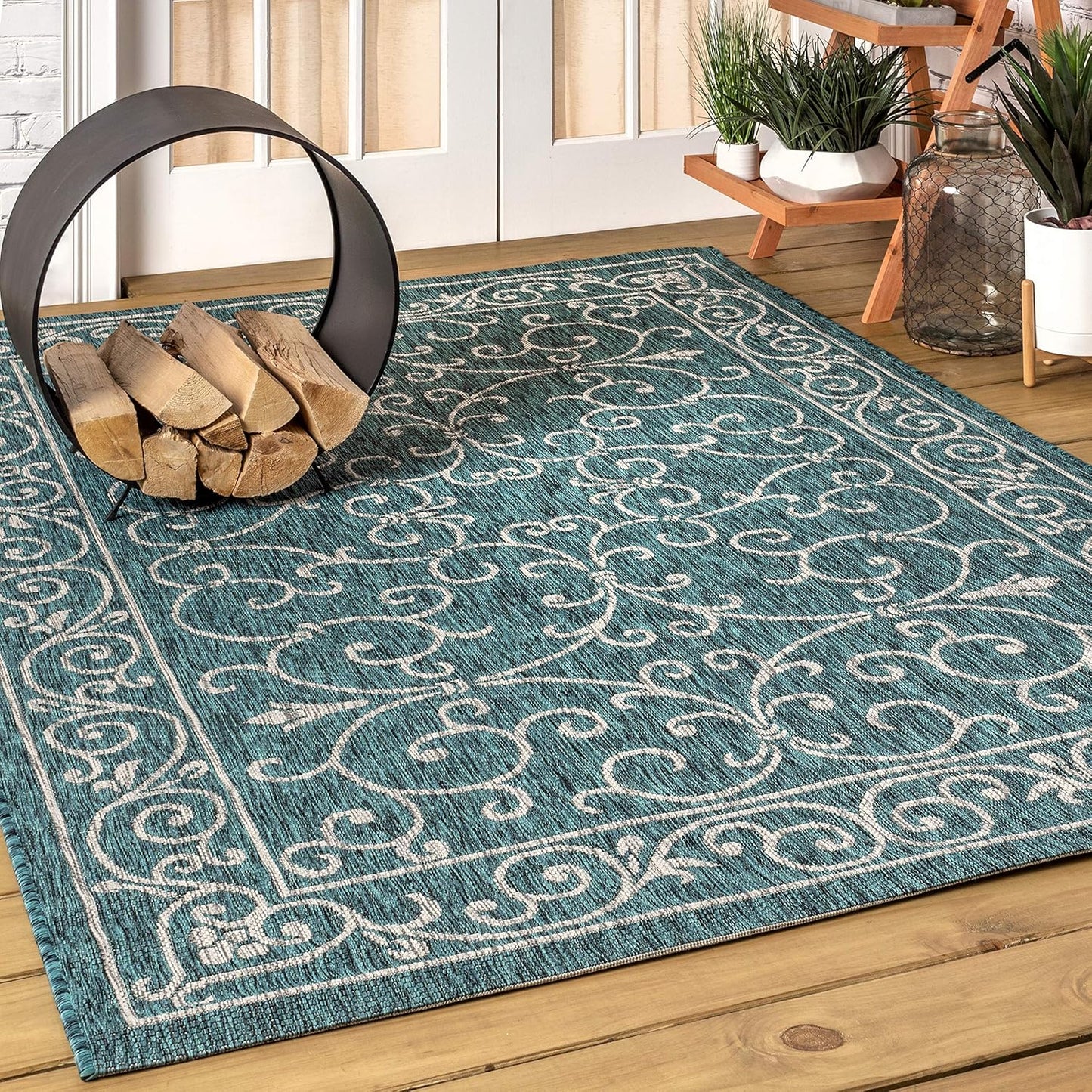 JONATHAN Y Vintage Filigree Indoor Outdoor Area Rug 5X8 Teal/Gray, Charleston Textured Weave for Backyard, Patio, Porch, Easy-Cleaning, High Traffic, Pet-Friendly, Non-Shedding (SMB106F-5)