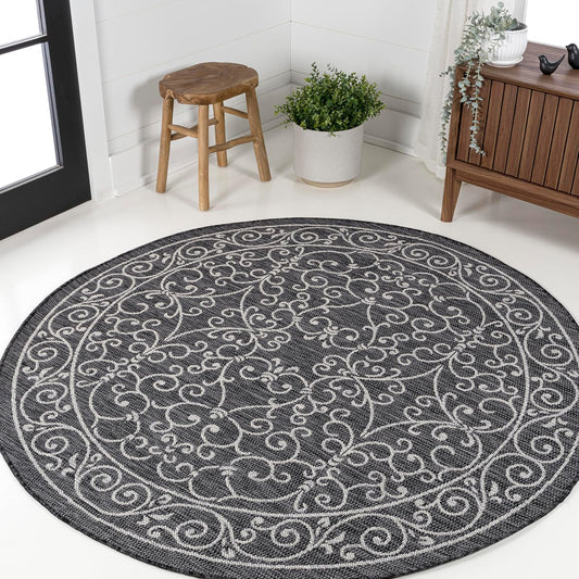JONATHAN Y Vintage Filigree Indoor Outdoor Round Area Rug 5 Ft Black/Gray, Charleston Textured Weave for Backyard, Patio, Porch, Easy-Cleaning, High Traffic, Pet-Friendly, Non-Shedding (SMB106G-5R)