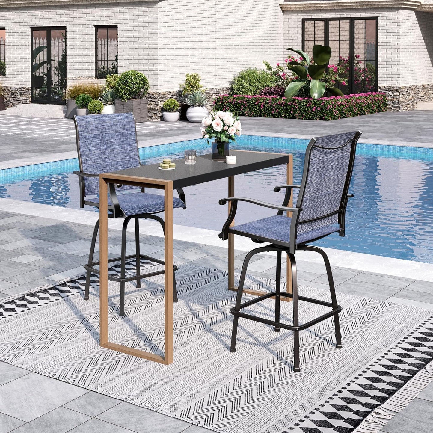 Sophia & William Outdoor Bar Set, Patio Bar Table and Chairs Set, Bar Height Patio Set - 2 x Swivel Bar Chairs(Blue), 1 x Rectangular Bar Table(Larimar Desktop)