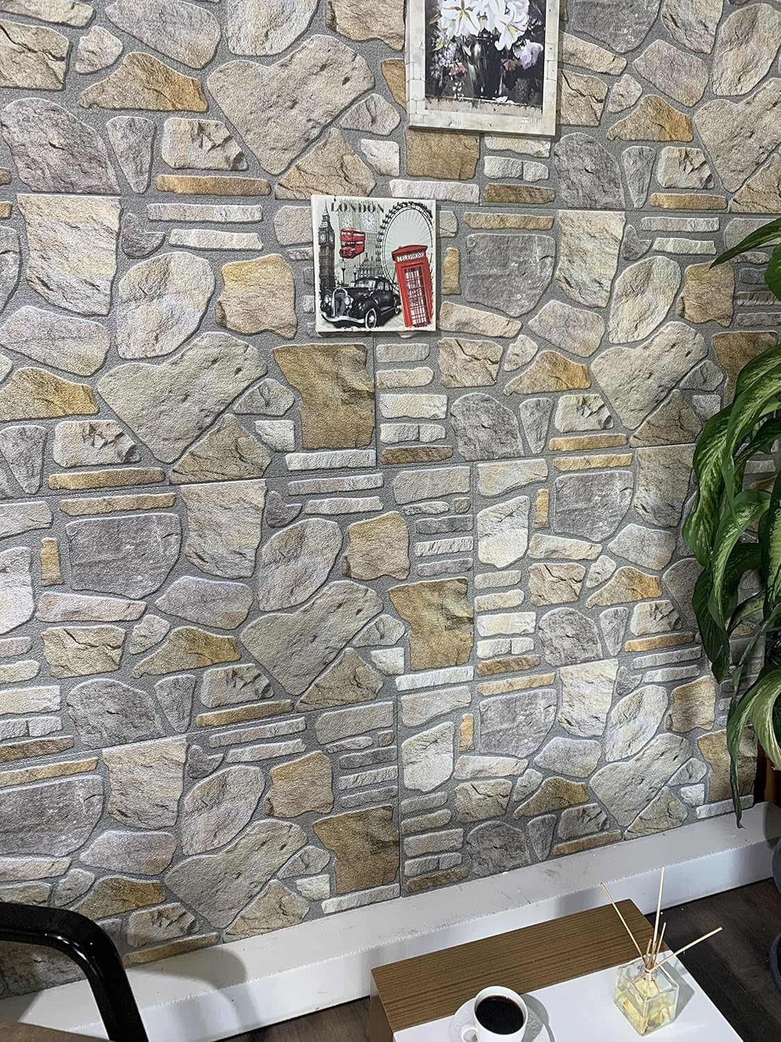 Dundee Deco 3D Wall Panels - Cladding, Grey Gold Stone Look Wall Paneling, Styrofoam Facing for Interior and Exterior Applications, DIY, Set of 5, Covers 27 sq ft