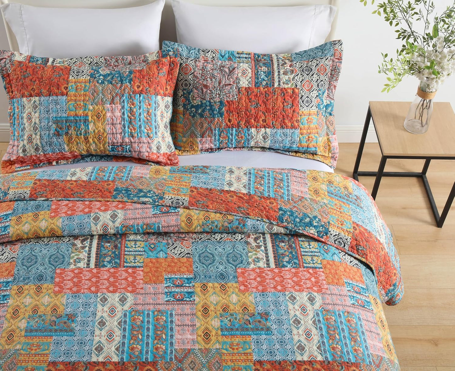 Cotton Bedspread Quilt Sets Reversible Coverlet Sets Comforters Vintage Bohemian Patchwork Bedspread,Orange,King Size