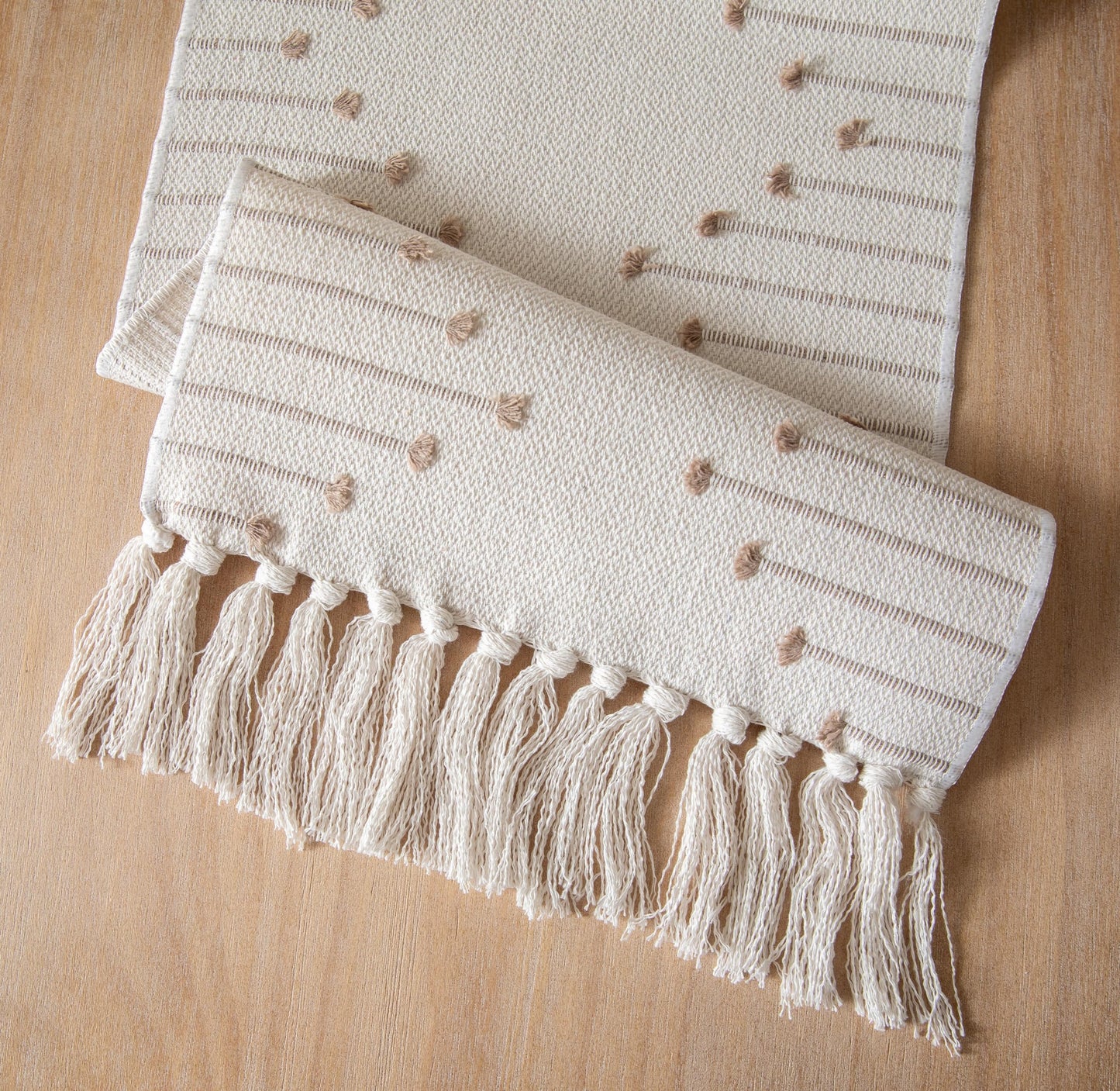 Boho Farmhouse Taupe & Beige Table Runner – Natural Cotton Woven Runner with Tassels – Modern Decor for Dining/Coffee Table – Available in 5 Sizes!