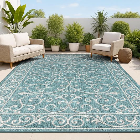 JONATHAN Y Vintage Filigree Indoor Outdoor Area Rug 4X6 Teal/Gray, Charleston Textured Weave for Backyard, Patio, Porch, Easy-Cleaning, High Traffic, Pet-Friendly, Non-Shedding (SMB106F-4)