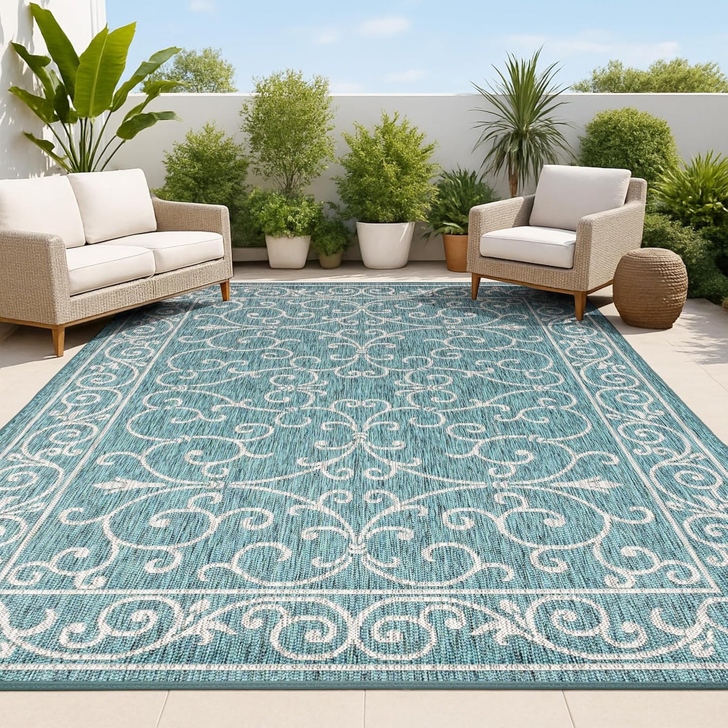 JONATHAN Y Vintage Filigree Indoor Outdoor Area Rug 8X10 Teal/Gray, Charleston Textured Weave for Backyard, Patio, Porch, Easy-Cleaning, High Traffic, Pet-Friendly, Non-Shedding (SMB106F-8)