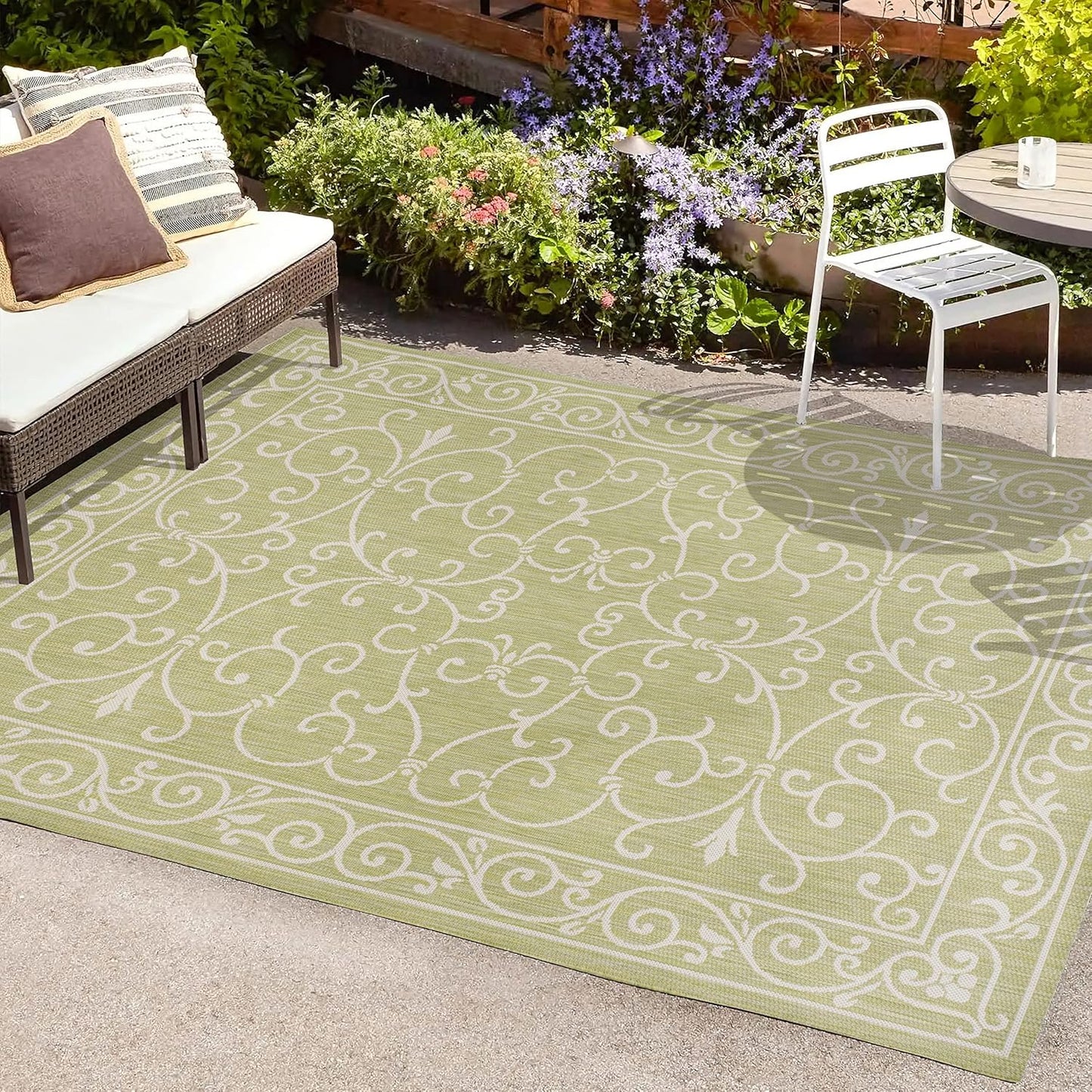 JONATHAN Y Vintage Filigree Indoor Outdoor Area Rug 9X12 Green/Cream, Charleston Textured Weave for Backyard, Patio, Porch, Easy-Cleaning, High Traffic, Pet-Friendly, Non-Shedding (SMB106H-9)