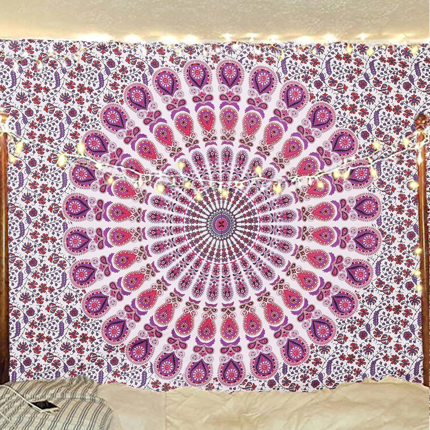Bless International Handmade Indian hippie Bohemian Psychedelic Peacock Mandala Wall hanging College Dorm Beach Throws Table Cloth Bedding Tapestry (Pink Blue, Twin(54x72Inches)(140x185cms))