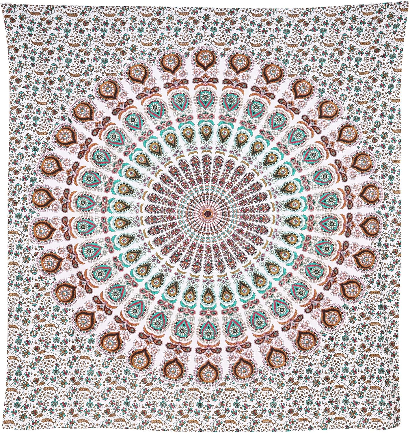 Bless International Handmade Indian hippie Bohemian Psychedelic Peacock Mandala Wall hanging College Dorm Beach Throws Table Cloth Bedding Tapestry (Floral Gold, Queen(84x90Inches)(215x230Cms))