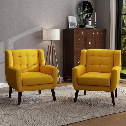 UIXE Accent Chairs Set of 2, Modern Armchair Upholstered Arm Chair in Fabric for Living Room, Comfy Single Sofa Seats Button Tufted Reading Seating, Yellow