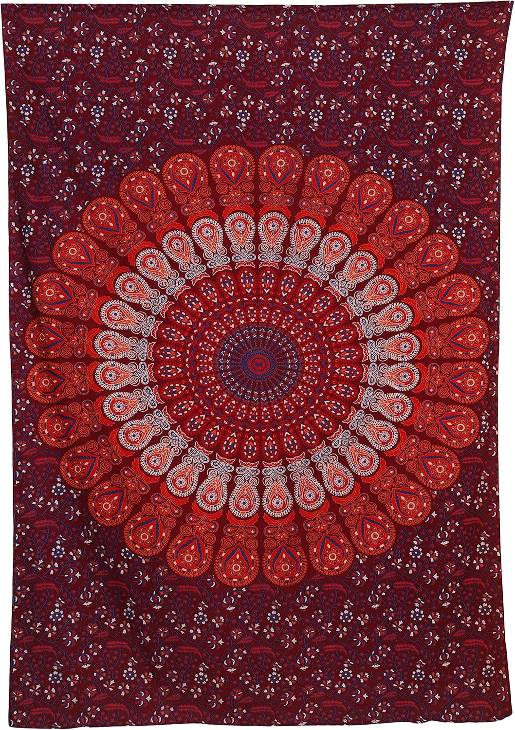 Bless International Handmade Indian hippie Bohemian Psychedelic Peacock Mandala Wall hanging College Dorm Beach Throws Table Cloth Bedding Tapestry (Blue Red, Medium(54x60Inches)(137x152cms))