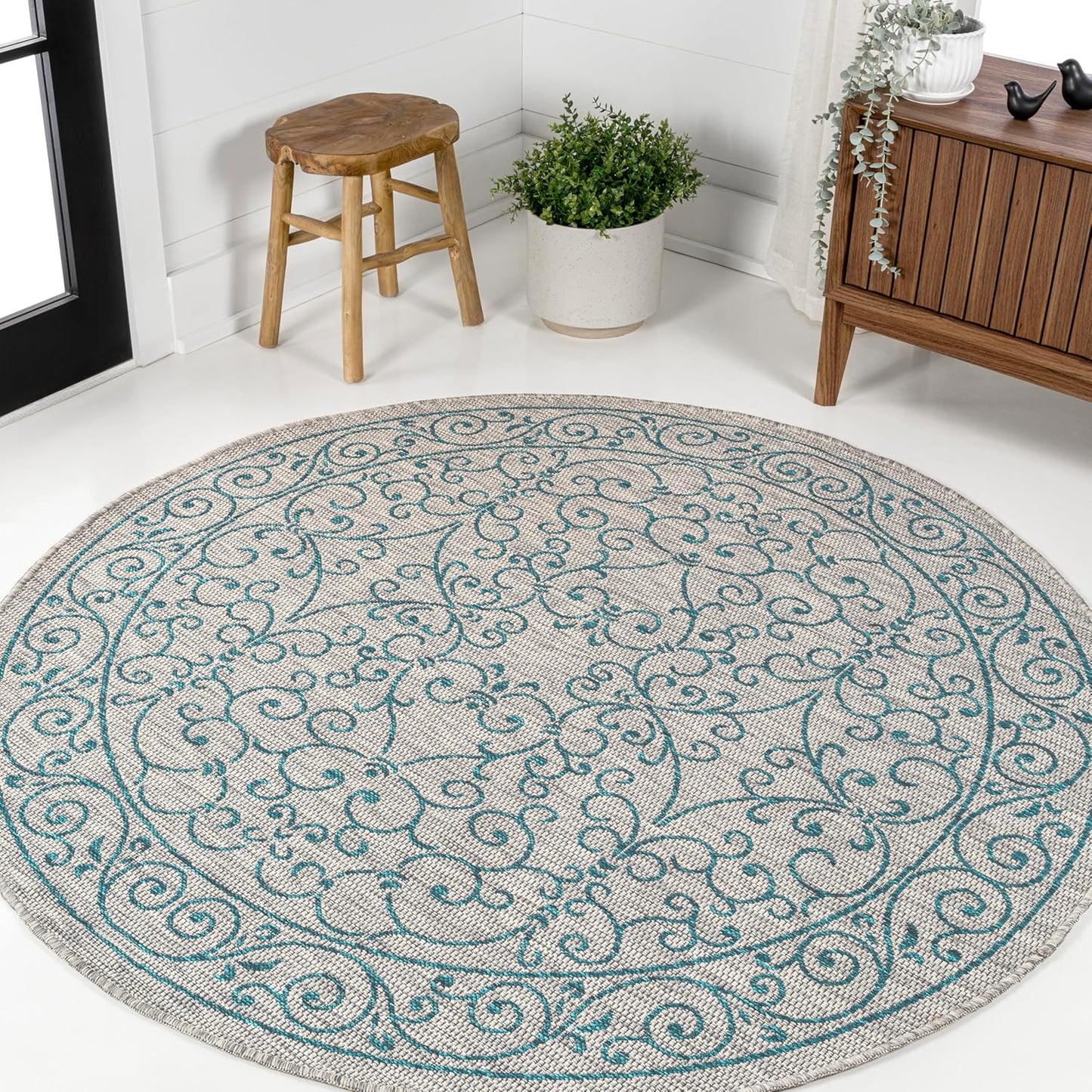 JONATHAN Y Vintage Filigree Indoor Outdoor Round Area Rug 6 Ft Gray/Teal, Charleston Textured Weave for Backyard, Patio, Porch, Easy-Cleaning, High Traffic, Pet-Friendly, Non-Shedding (SMB106E-6R)