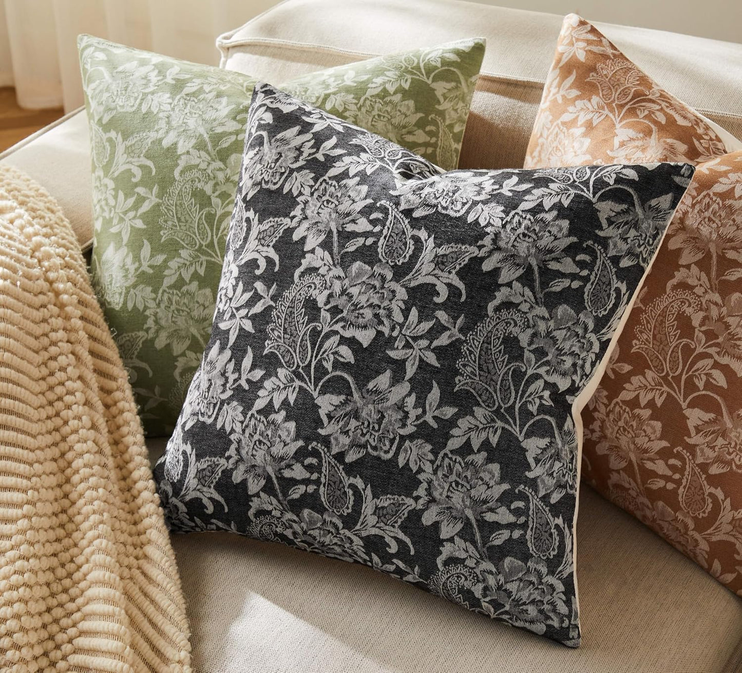 Floral Jacquard Throw Pillow Covers Set of 2, Background/Charcoal 16x16 Inch, Farmhouse Decorative Cotton Dark Grey Cushion Covers for Sofa Bed Living Room Home Decor