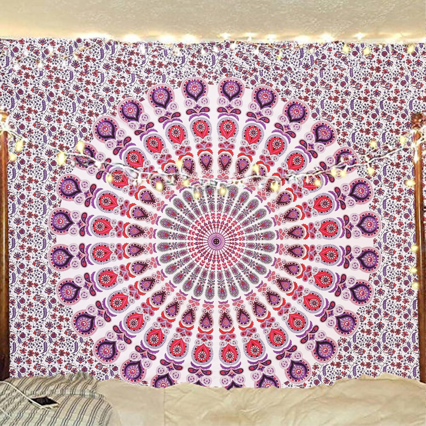 Bless International Handmade Indian hippie Bohemian Psychedelic Peacock Mandala Wall hanging College Dorm Beach Throws Table Cloth Bedding Tapestry (Pink Blue, Queen(84x90Inches)(215x230Cms))
