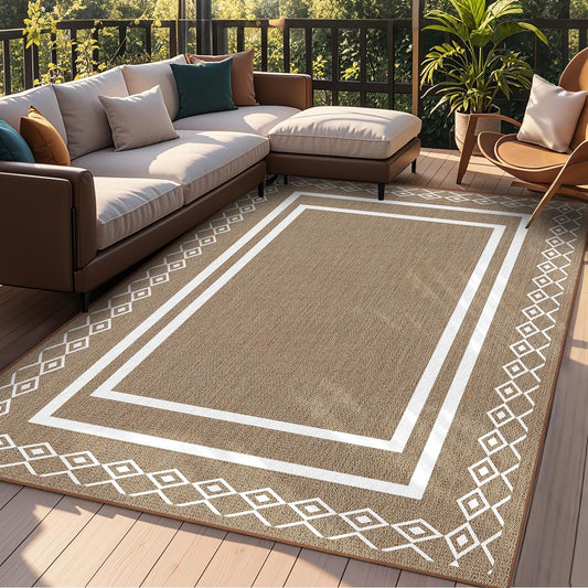 Outdoor Patio Rug, Outside Rectangular Carpet, Moroccan Geometric Rugs, Washable Large Indoor Outdoor Rug 8x10 Mats for RV, Picnic, Backyard, Deck, Balcony, Porch, Beach