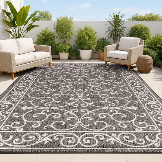 JONATHAN Y Vintage Filigree Indoor Outdoor Area Rug 8X10 Black/Gray, Charleston Textured Weave for Backyard, Patio, Porch, Easy-Cleaning, High Traffic, Pet-Friendly, Non-Shedding (SMB106G-8)