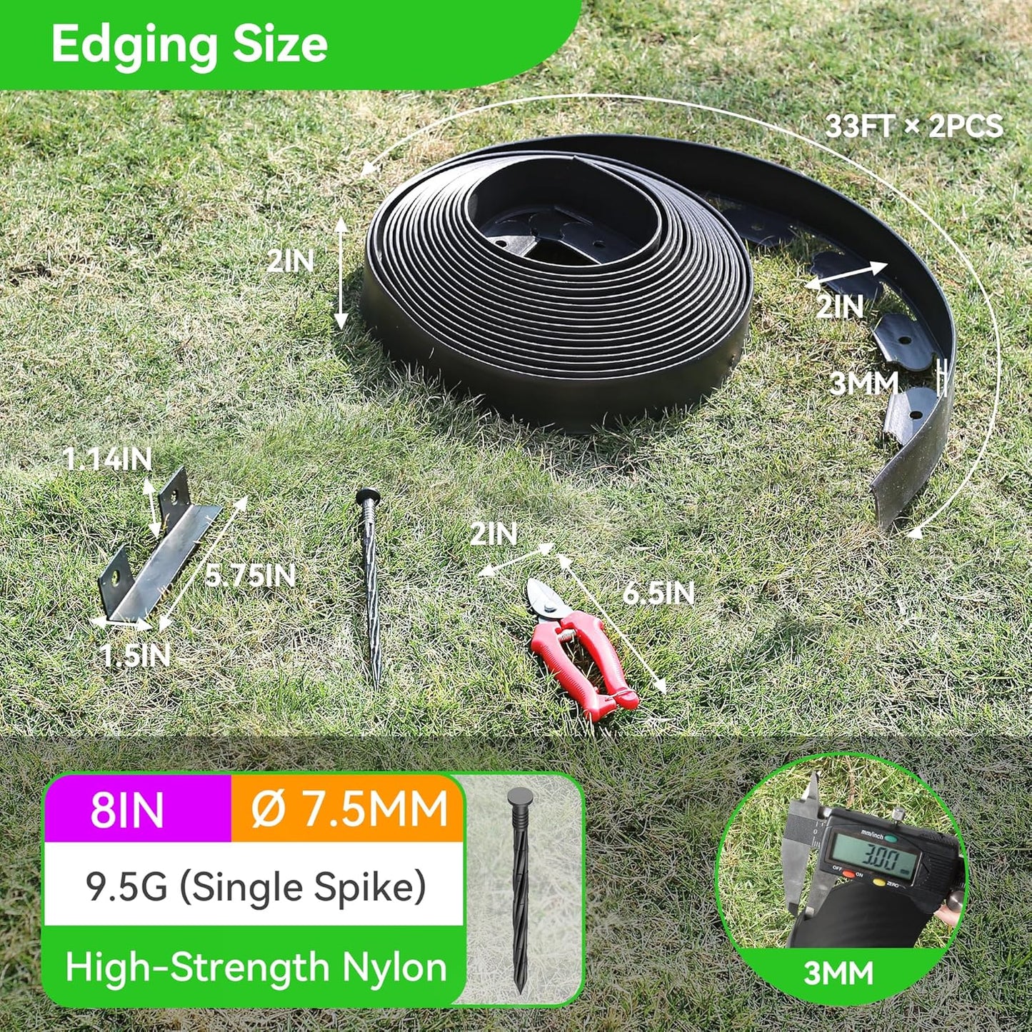 2" Tall 66ft No Dig Landscape Edging Border with 100PCS 8" Plastic Spikes & 6 PCS Connectors - Garden Lawn Edging Kit with a Shears for Landscaping, Lawn, Flower Beds and Yard