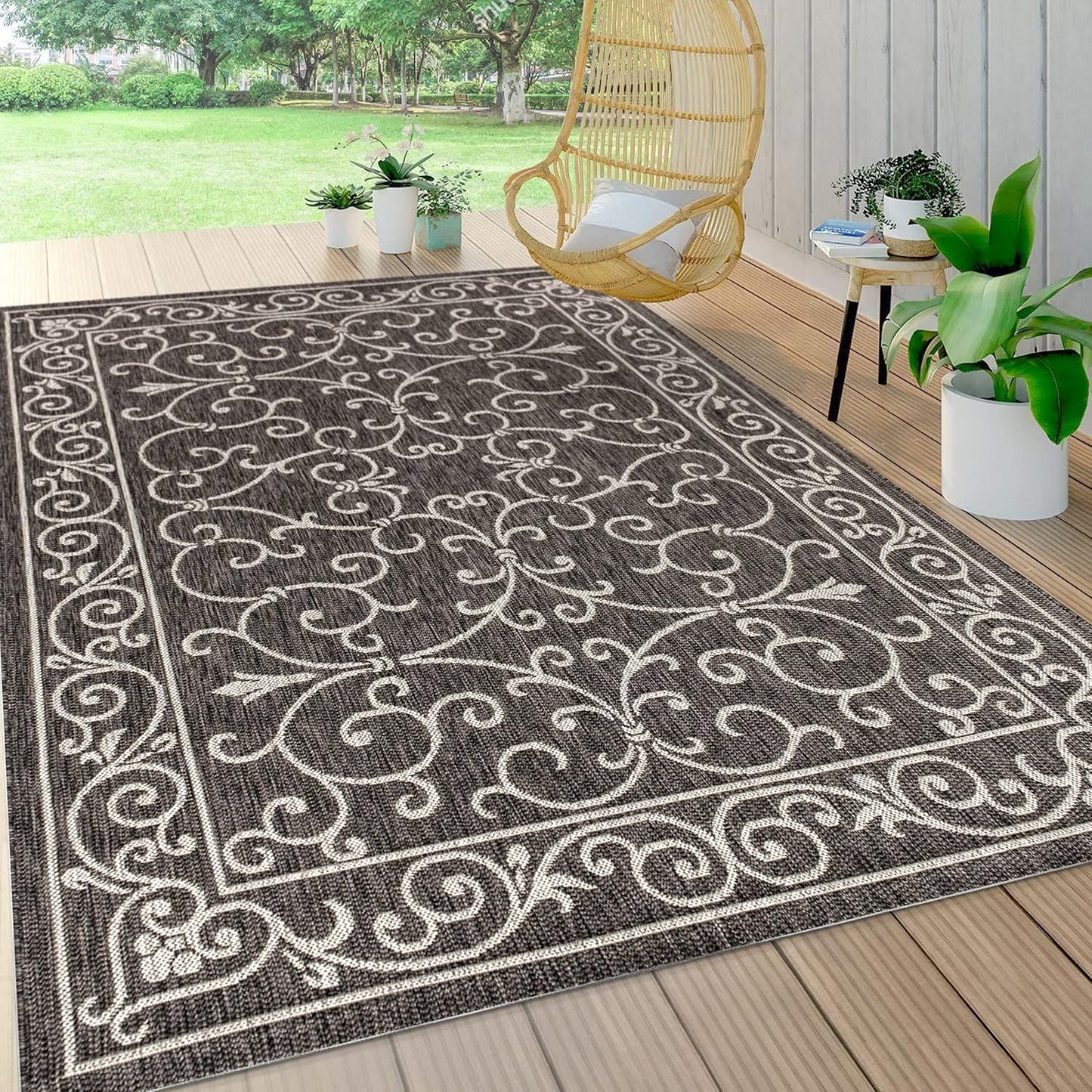 JONATHAN Y Vintage Filigree Indoor Outdoor Area Rug 9X12 Black/Gray, Charleston Textured Weave for Backyard, Patio, Porch, Easy-Cleaning, High Traffic, Pet-Friendly, Non-Shedding (SMB106G-9)