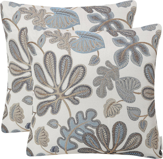 Set of 2 Jacquard Tropical Leaf Pattern Throw Pillow Covers Decorative Pillowcase 20X20 Inches,Blue Cream