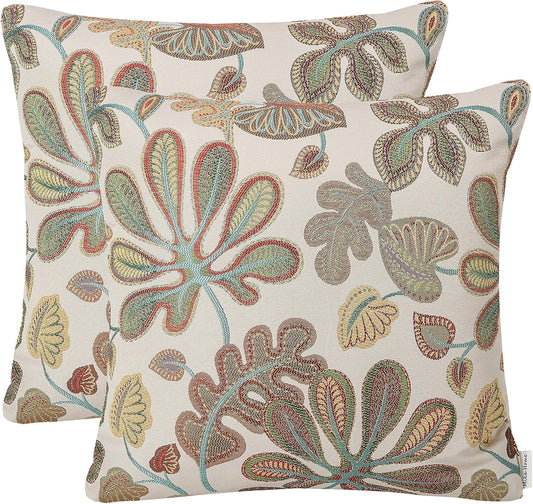 Set of 2 Jacquard Tropical Leaf Pattern Throw Pillow Covers Decorative Pillowcase 22X22 Inches,Teal Cream
